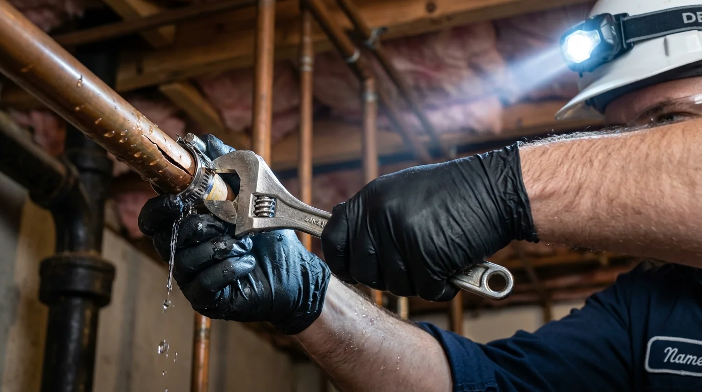 Emergency pipe clamp repair being performed by a Johns Plumbing LLC plumber in Jesup
