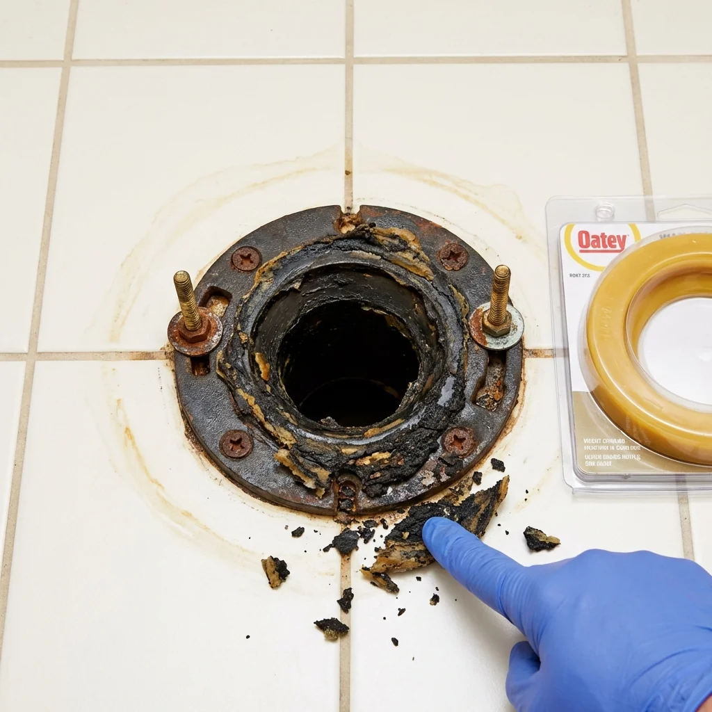 Failed wax ring showing water seepage at the base of a toilet in a Jesup, GA home