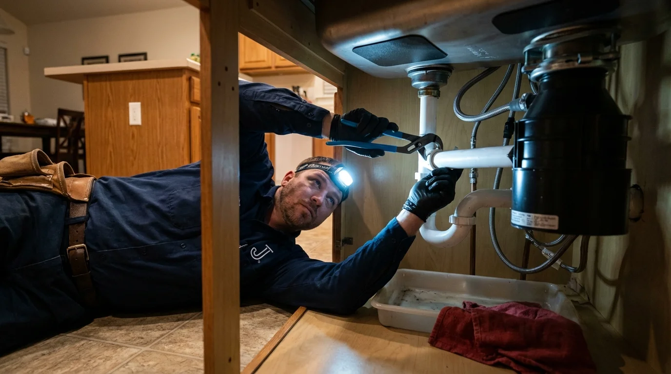 P-trap and supply line connections under a kitchen sink showing a common leak point in Jesup, GA
